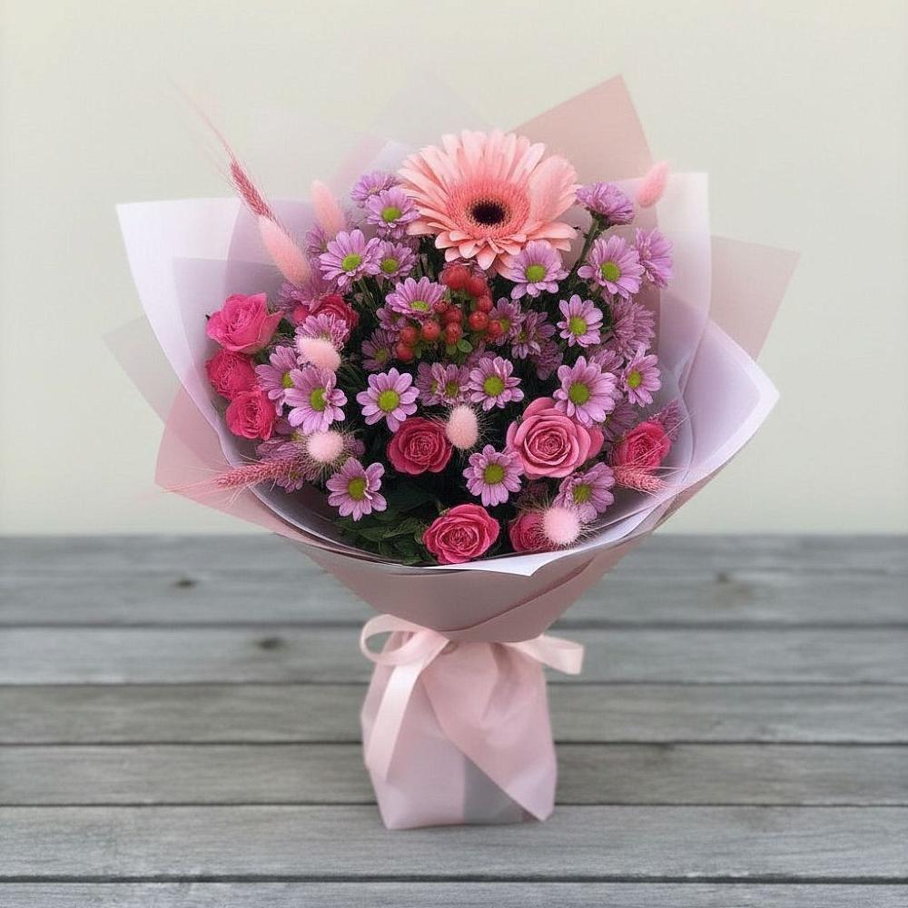 Букет цветов из: Розы, Герберы и Хризантемы в Лунино