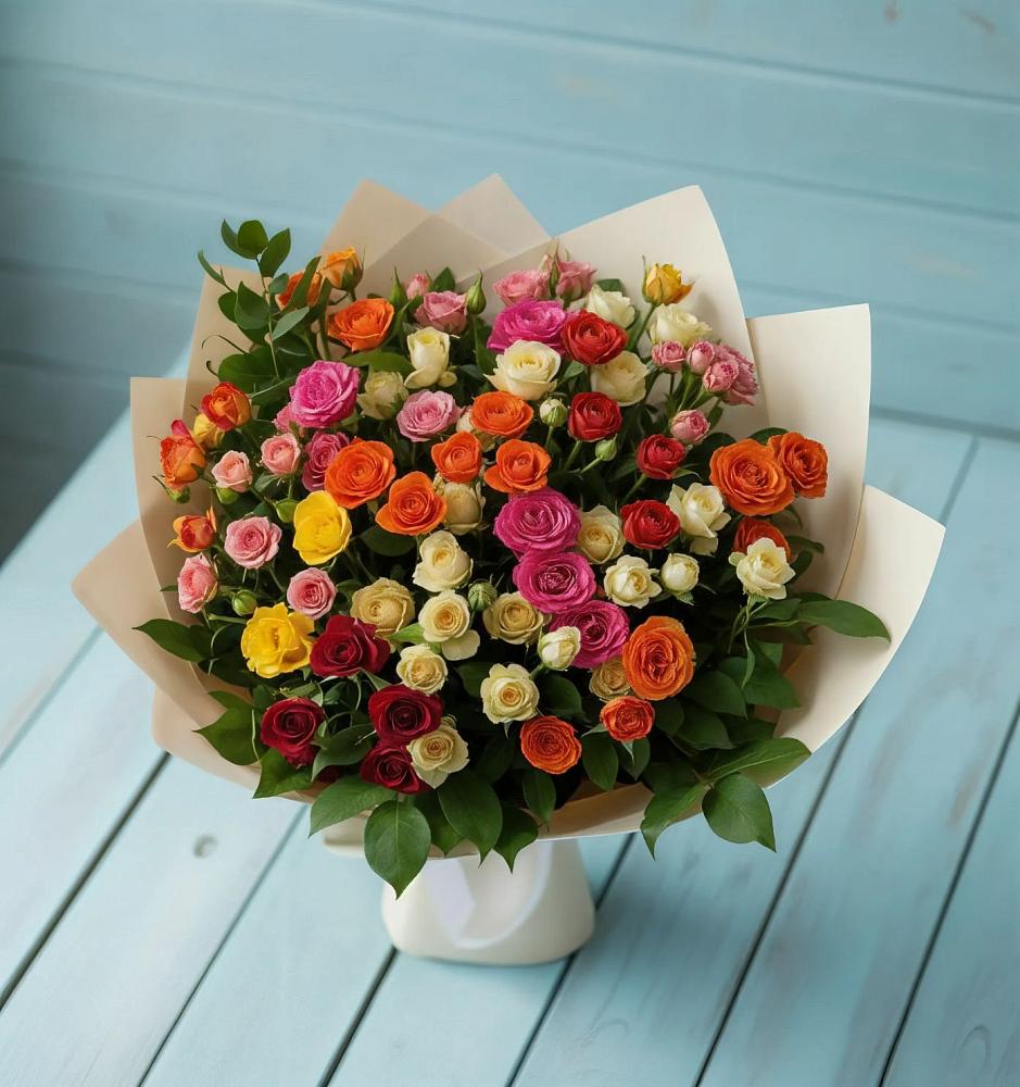 Букет Микс из разноцветных кустовых роз в Лунино